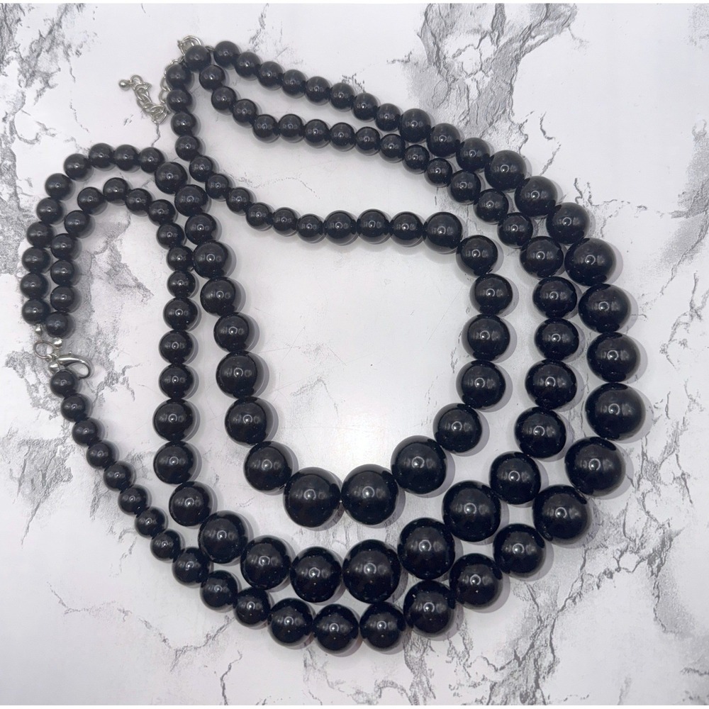 Black Graduated Bead Necklace 3 Strand Silver Tone Clasp‎ 20-23"